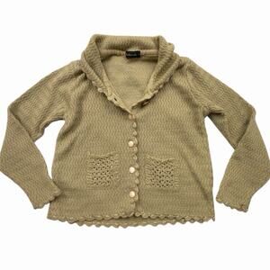 Vintage Madmozelle Light Brown Knit Acrylic Cardigan Sweater Crochet Pockets M